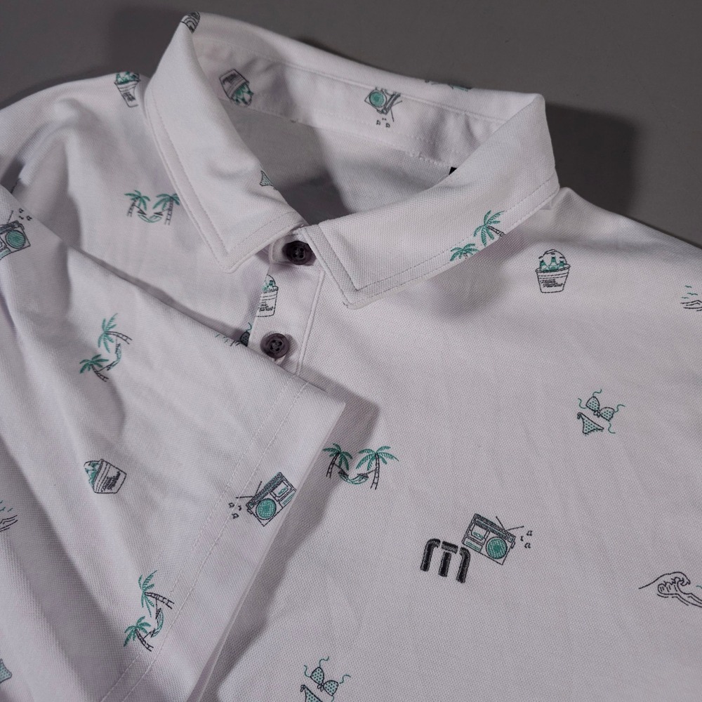 TravisMathew Polo‎ Shirt Mens Large White Beach Print Atkinson Resort CC